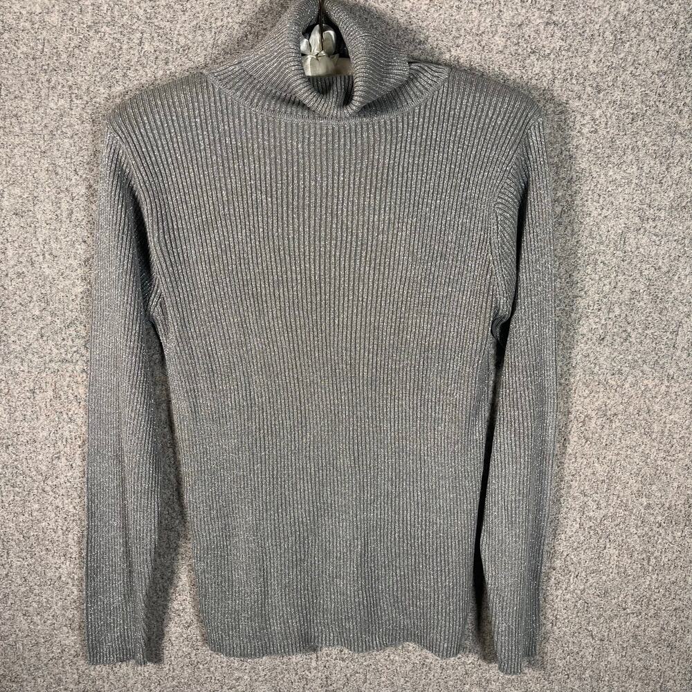 Y2K VTG 90s Cache Silk Long Sleeve Turtle Neck Fall Silver Shimer Sweater Sz M/L